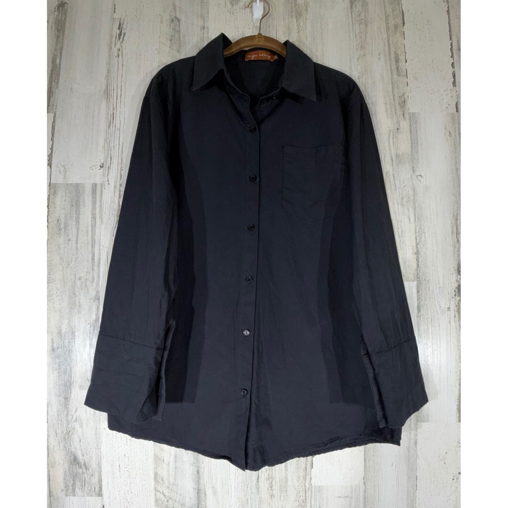 Beige Botany Button Down Shirt S/M Black Poplin Cotton Oversized Minimalist READ